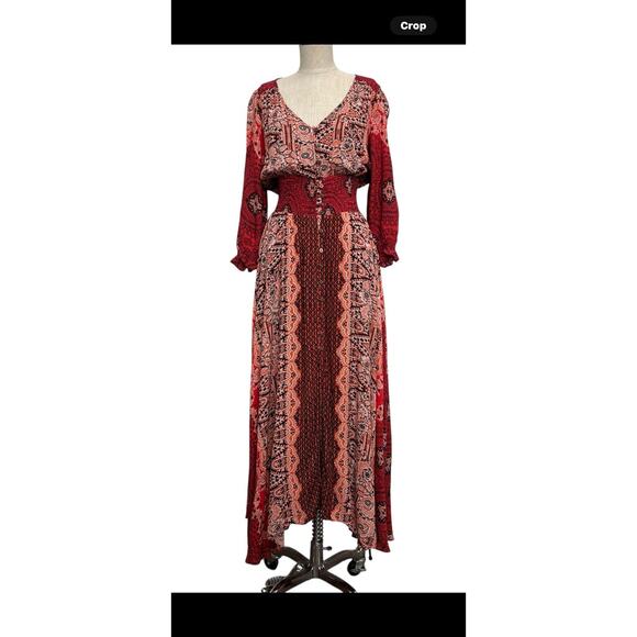 Free People Small Mexicali Rose Maxi Dress Strawberry Mixed Print Boho Romantic - Picture 3 of 16